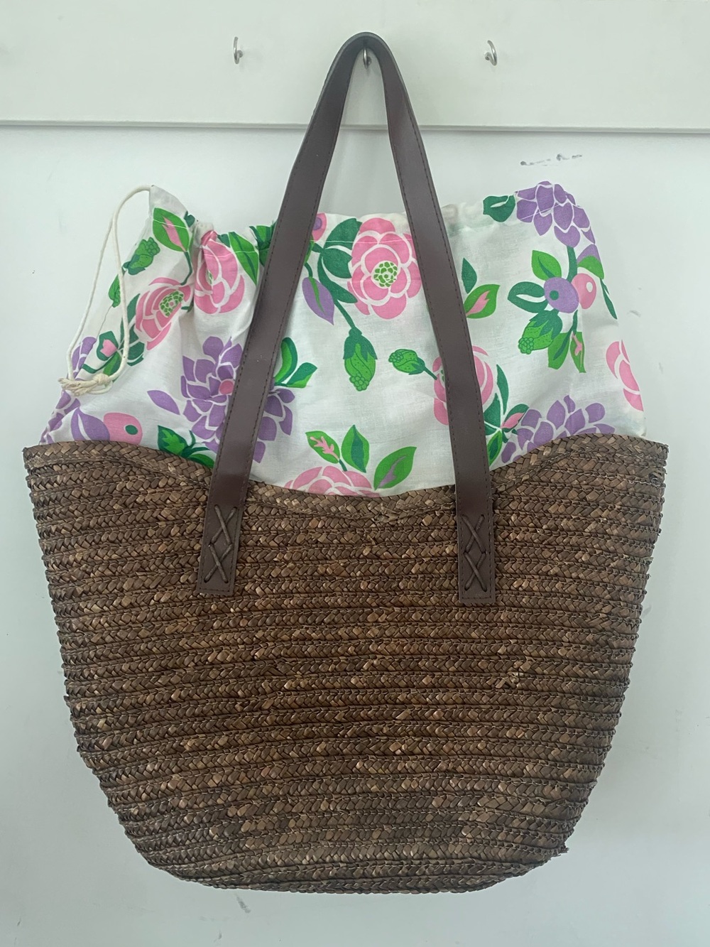 Woven Straw Tote Bag with Floral Canvas Drawstring Insert